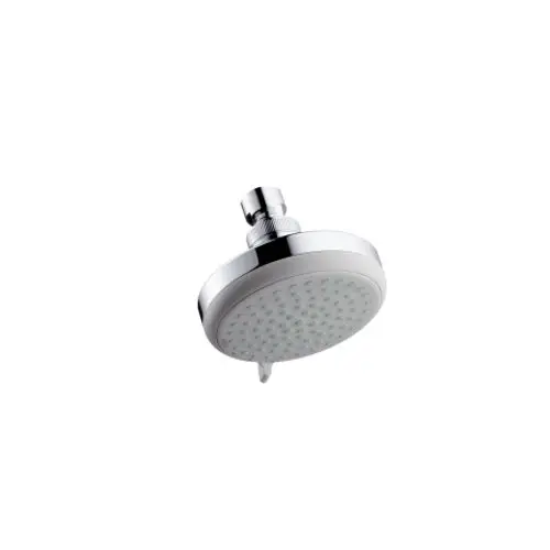 Duschkopf aus Chrom von Hansgrohe, runde Form mit vielen kleinen Düsen für Wasserstrahl, montiert auf einer Wandhalterung.
